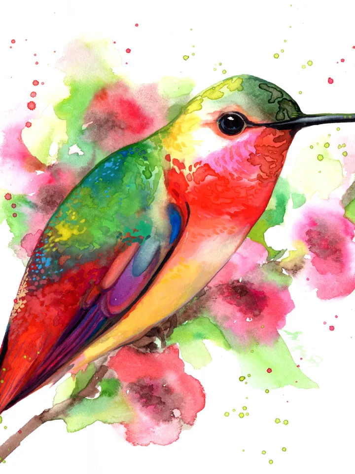 Hummingbird original watercolor, bird on the branch flowers painting, colibri portrait room decor, 8x11 in wall art for bird lovers handmade by Anne Gorywine