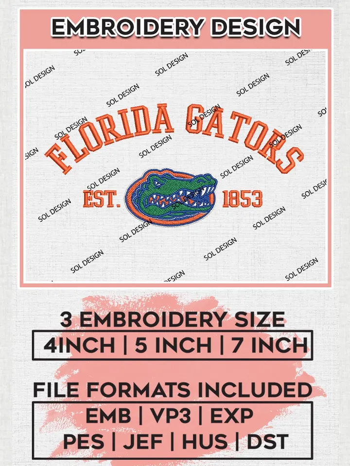 Florida Gators Est 1853 Logo Embroidery Designs, NCAA Florida Gators Team Embroidery, NCAA Team Logo, 3 sizes, Machine embroidery Files, Digital Download