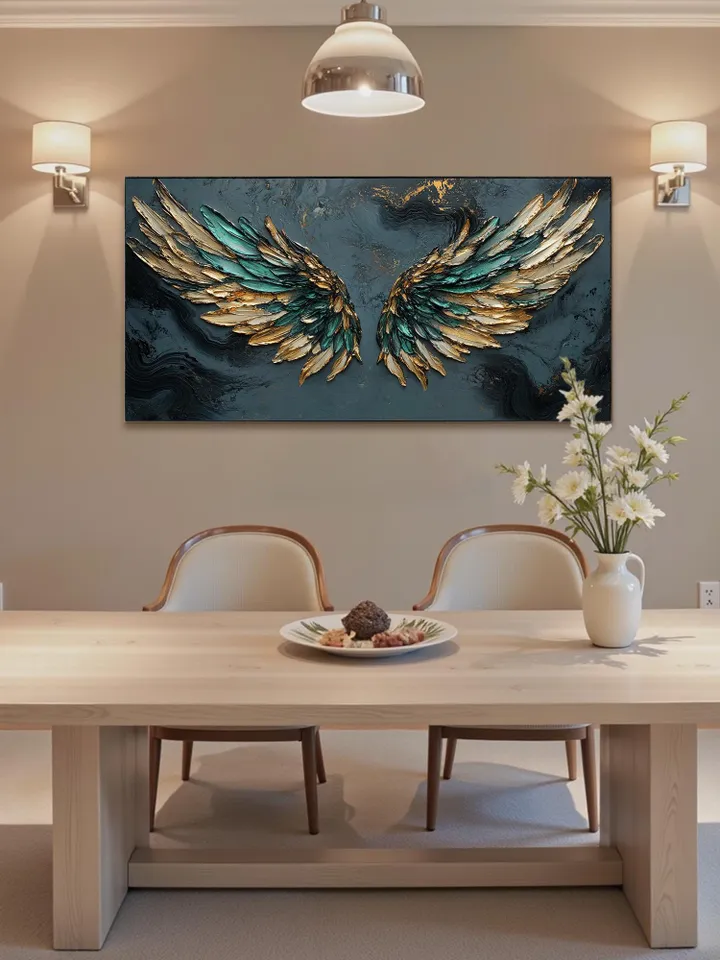 Large Emerald Green & Gold Angel Wings Impasto Painting, Textured 3D Wall Art, Original Abstract Art, Unique Home Decor, Office Wall Decor