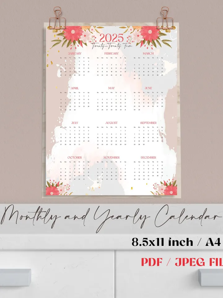 Printable 2025 Calendar, Monthly and Yearly Floral Calendar, A4 PDF & JPEG Files, Digital Wall Calendar, Modern Home Office Decor, New Year