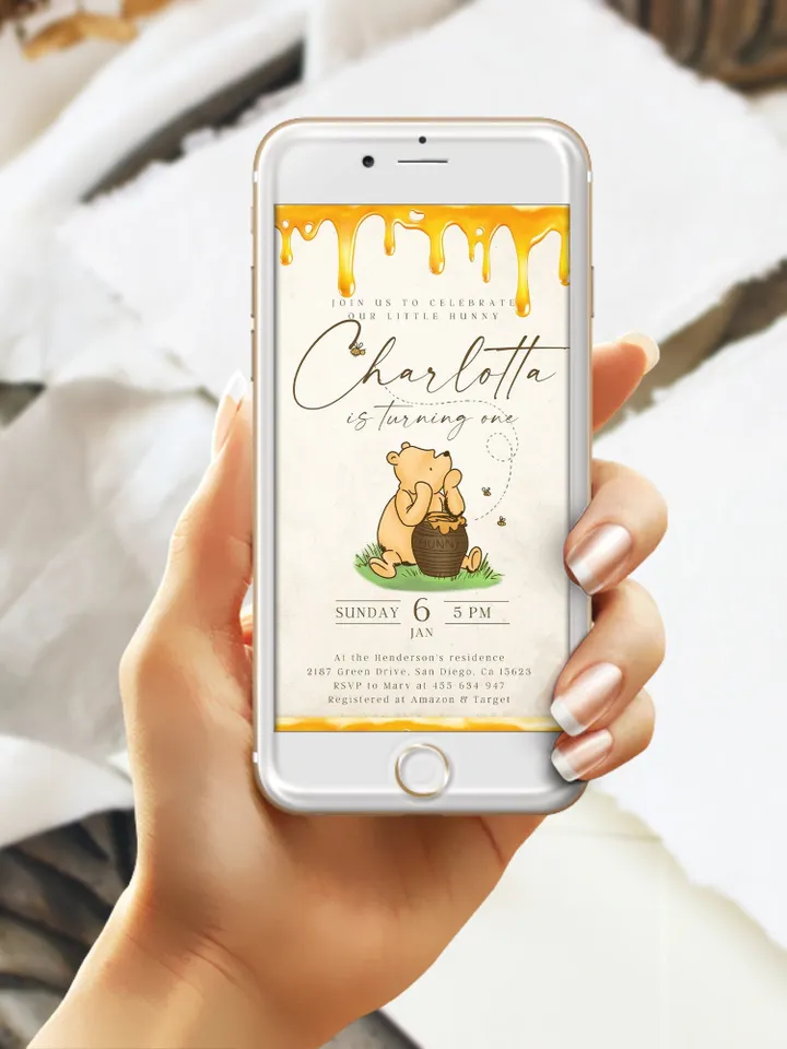 Winnie Pooh Inspired First Birthday; Classic Winnie Pooh Evite; Our Little Hunny is Turning One; Winnie Pooh Birthday Party evite template