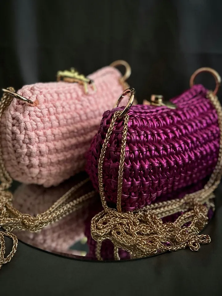 Crochet pattern small women doll handbag PDF digital instant download and video tutorial, Women Chain Strap Pink bag, fairy core