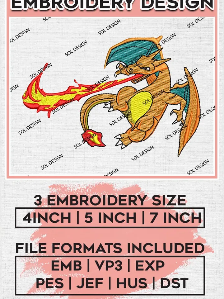 Nike Charizard Pokemon Embroidery, Charizard Swoosh Anime Embroidery, Embroidery Design File, Digital Download EMB_ANIME_143