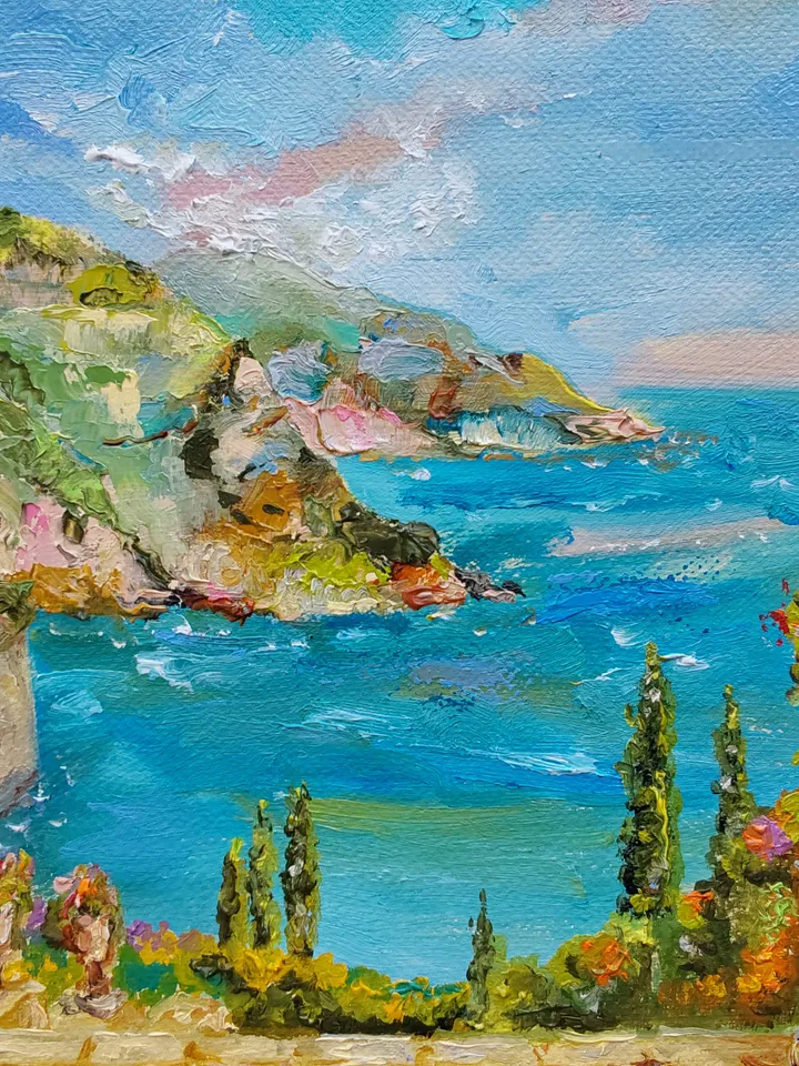 "Terrace overlooking the sea" oil painting on canvas 35x25cm (14x10 inch)