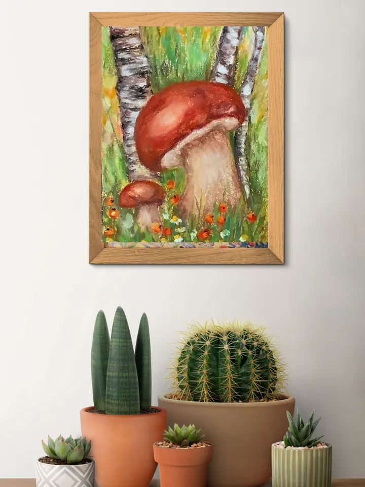 Mushroom painting original art, Pastel mushroom drawing, mini mushroom painting