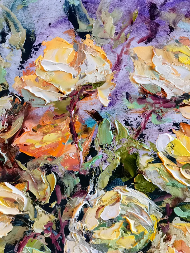 Yellow Roses Flower Bouquet Oil Painting Impasto Original Artist Svinar Oksana