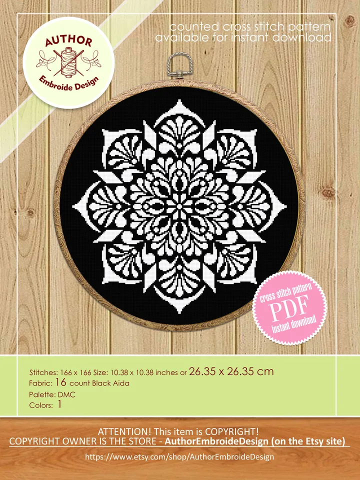 Flower mandala cross stitch pattern download PDF Easy mandala ornament digital PDF Monochrome cross stitch Geometric pattern embroidery #M36