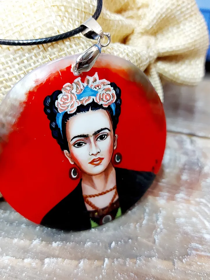 Russian jewelry: Red Self-portrait by Frida Kahlo on statement pendant. Fedoskino art painting on mother of pearl necklace. Gift for sister