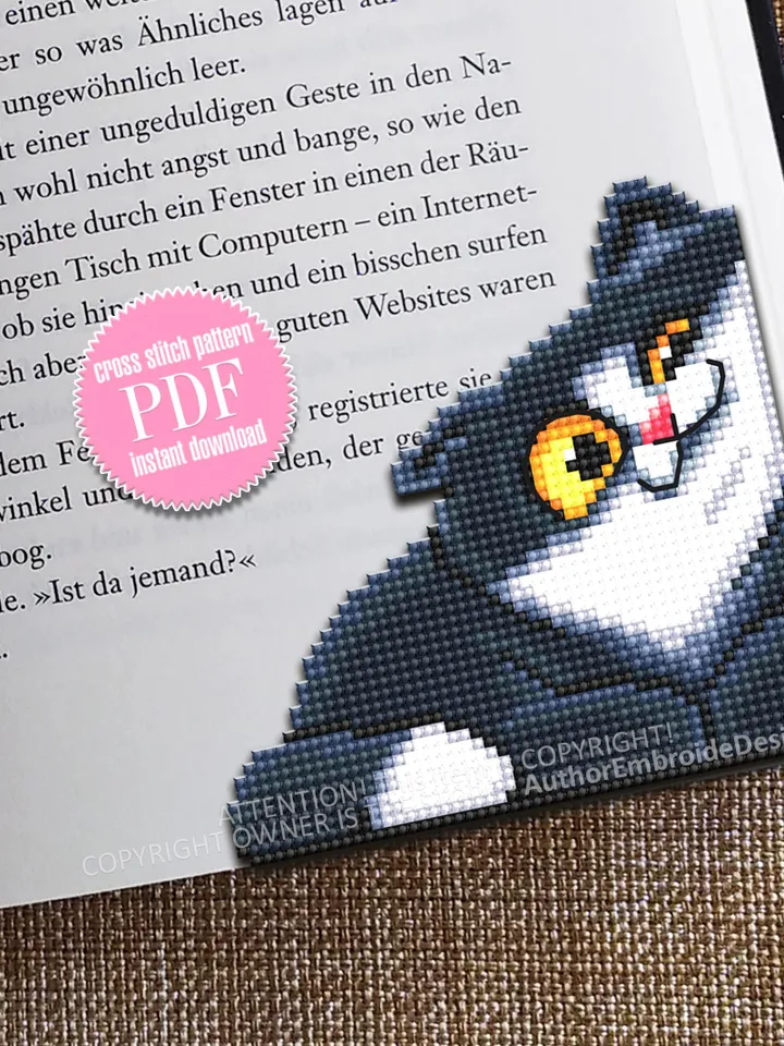 Black cat Corner bookmark cross stitch pattern download PDF Funny cat cross stitch chart, Cat bookmark digital pattern, Cat lover gift #B421