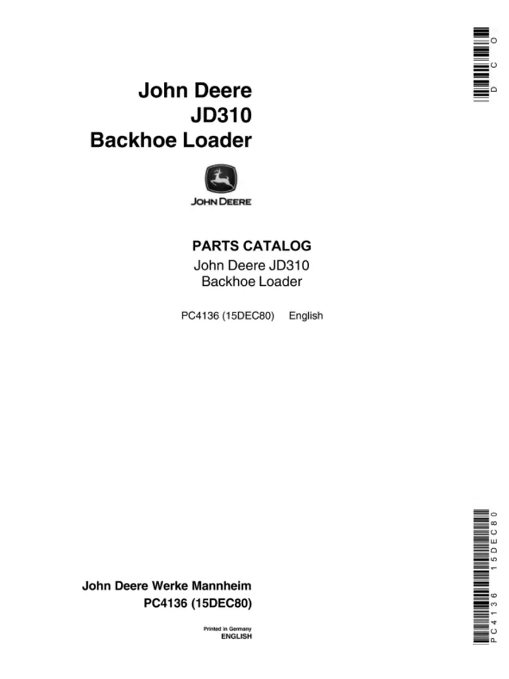 John Deere JD310 Tractor Loader Backhoe Parts Catalog Manual