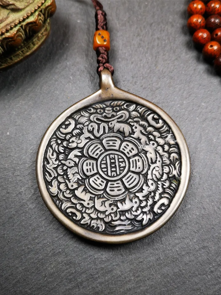 Gandhanra Antique SIPAHO(srid pa ho) Amulet, Tibetan Buddhist Astrology Calendar Badge,12 zodiac Melong Mirror, Jiugong Bagua,30 Years Old