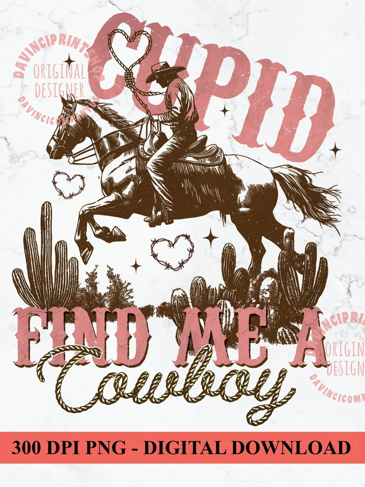 Cupid Find Me a Cowboy PNG, Western Valentines png, Valentines Cowboy png, Valentines png, Vintage Cowboy png, Cowgirl png, Western png