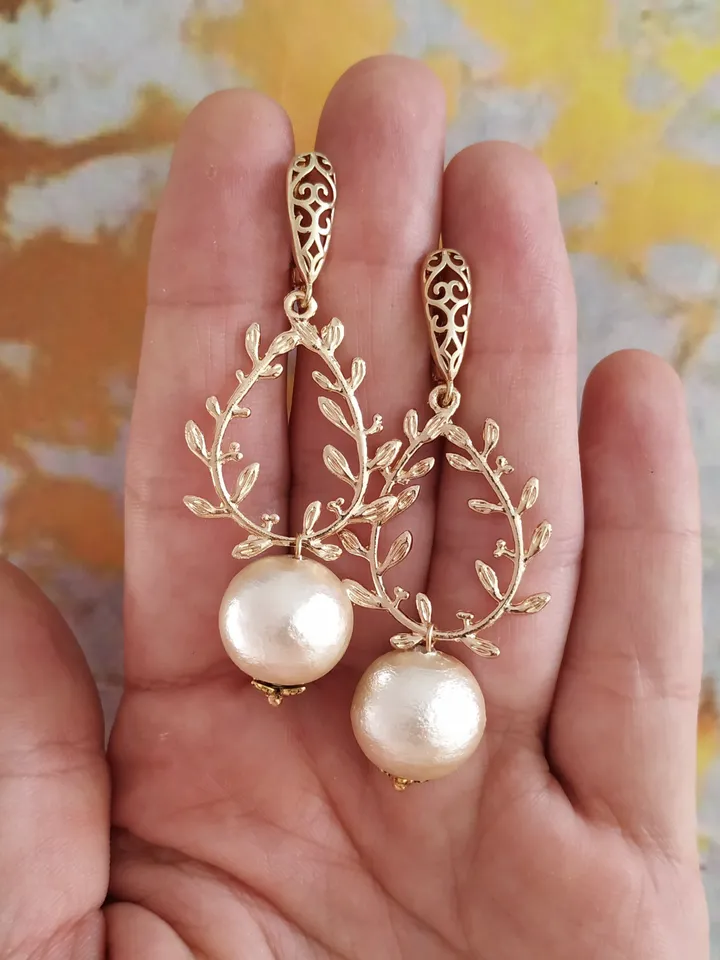 Cotton Pearl Statement Wedding Earrings ,Gold Wedding Jewelry ,Boho Bridal Jewellery ,Boho Wedding Earrings, Dangle Drop Bridal Earrings