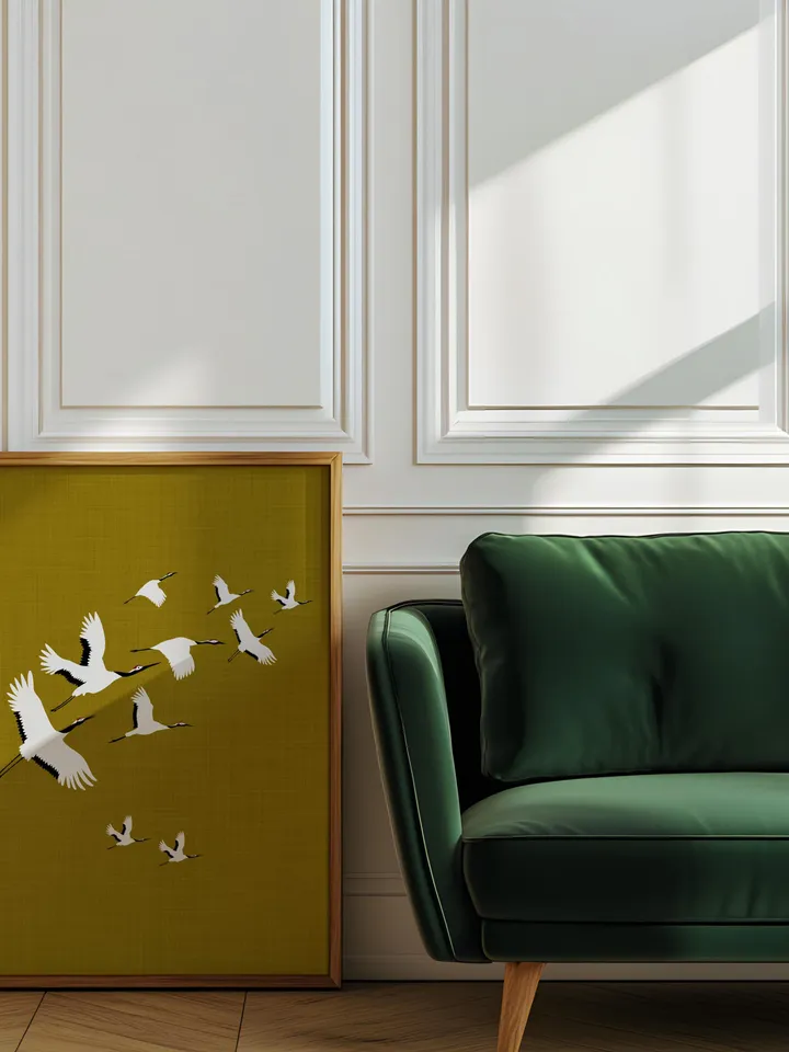 Olive Green Cranes Wall Art Digital Print Japanese Style Gold Accent Bird Poster Maximalist Decor Eclectic living Room Artwork Gift poster