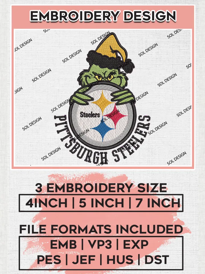 NFL Pittsburgh Steelers Team x Grinch Holding Ornament Logo Embroidery Designs, NFL Steelers Team Machine Embroidery Files, NFL Football Teams, 3 sizes, Grinch Machine embroidery designs, Digital Download