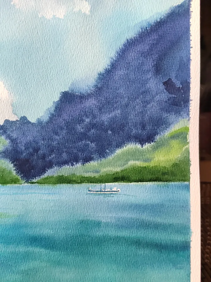 Original Watercolor Painting Tropical Landscape Art Beach and Bungalows Artwork Sea with Mountains Picture Aquarelle Tropical Beach