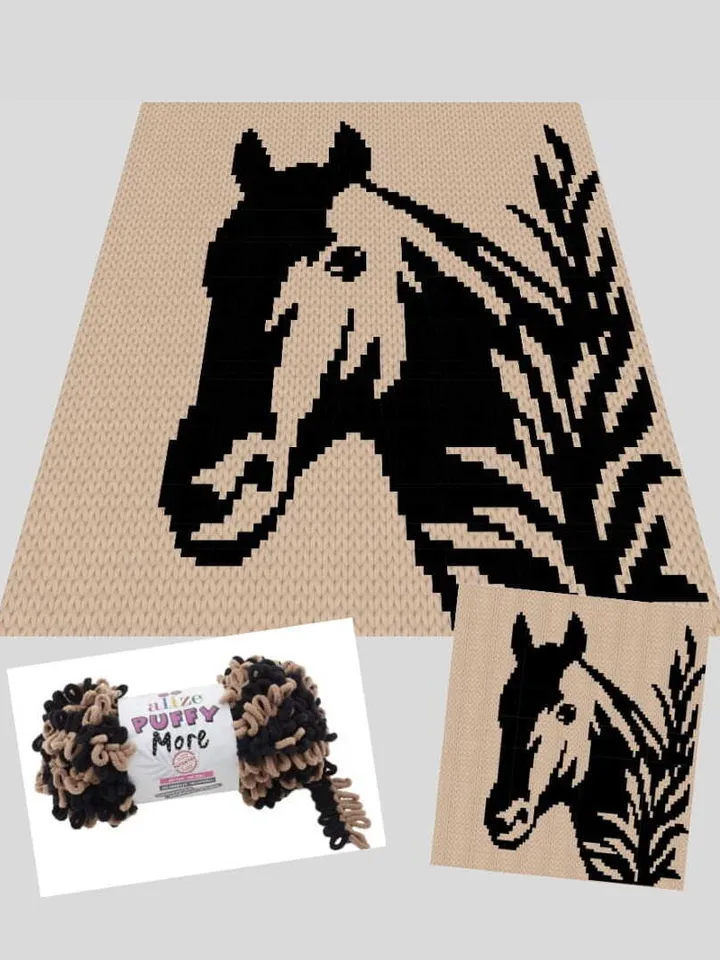 Loop yarn Finger knitted Black Horse blanket pattern