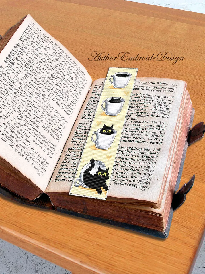 Cat bookmark cross stitch pattern download PDF Black cat cross stitch chart, Funny bookmark digital pattern PDF, Cat cup embroidery #B318