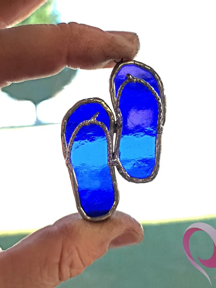Real Stained Glass Flip Flop Car Charm or Bag Charm Suncatcher for Beach Lovers Cute Rear View Mirror Decoration Unique Purse Accessory