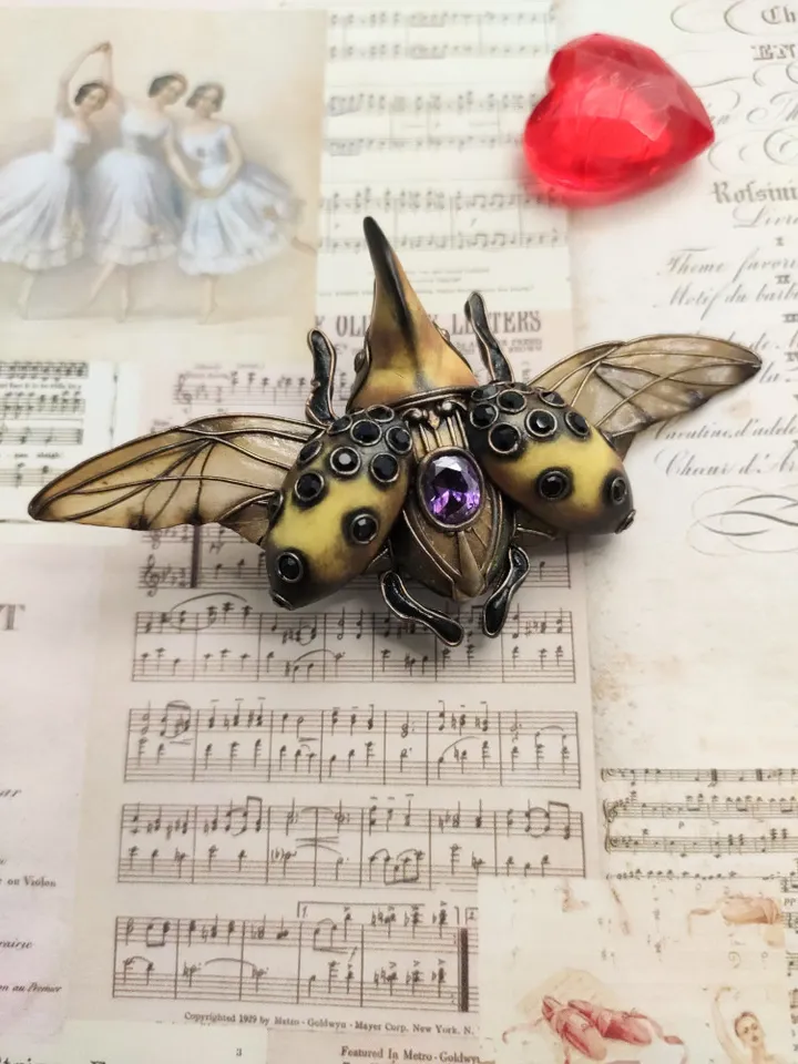 Yellow Hercules Beetle Brooch, Hercules Beetle Figurine, Sculpture Art
