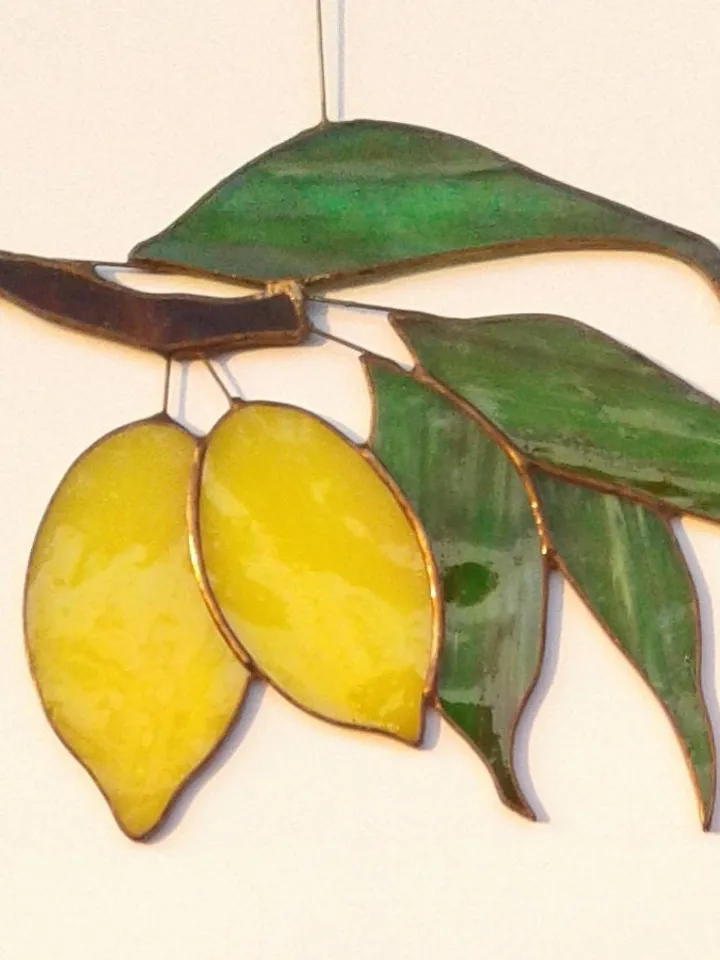 Yellow Lemons on Branch with Green Foliage . Art stained glass window hanging Suncatcher . Leaves leaf , Fruit Kitchen Decor