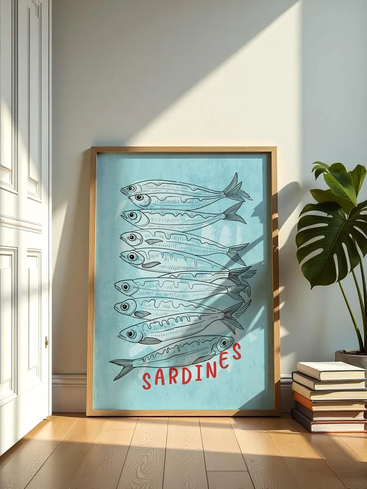 Sardine Wall Art, Sardines Tin Fish Poster, Colorful Kitchen Print, Maximalist Home Decor, Vintage Style Digital Artwork, Retro Sardine Art