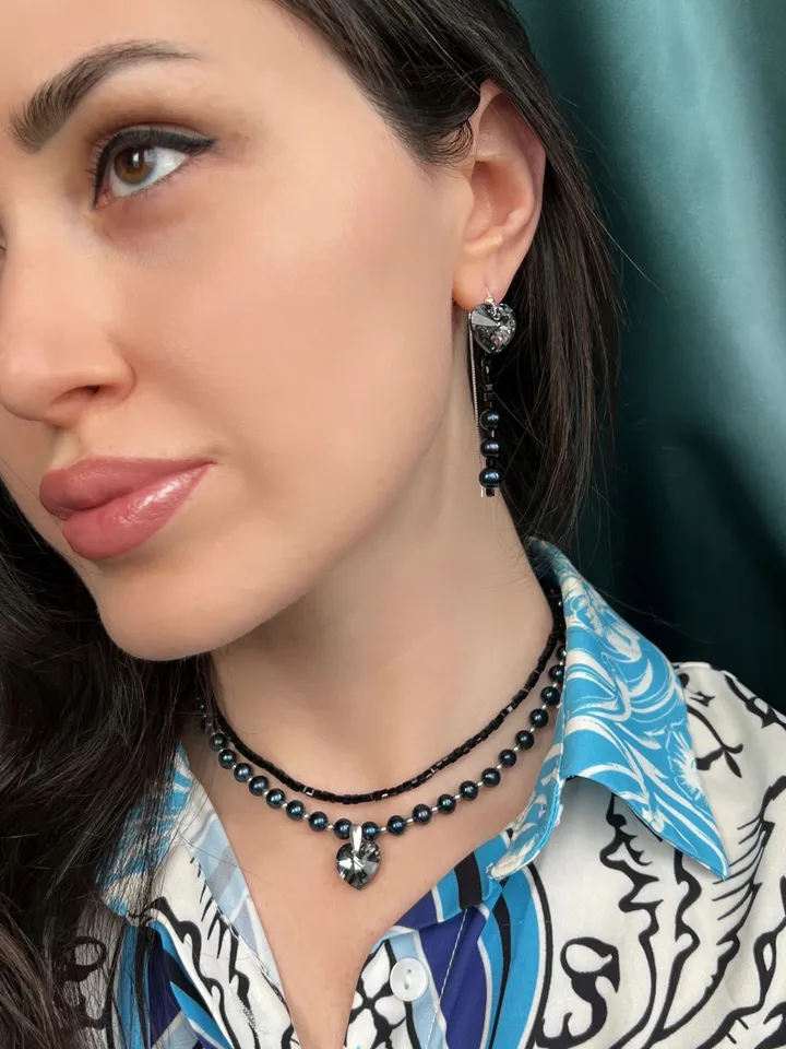 Pearl Silver 925 Jewelry Set Necklace Earrings BLACK HEART