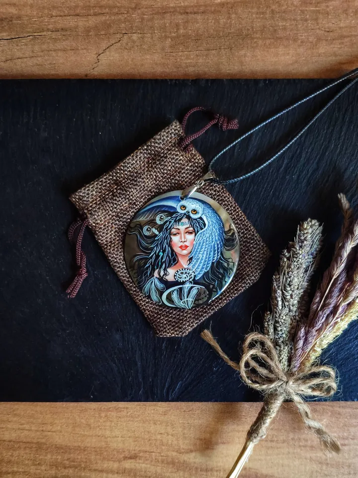 Pearl pendant necklace: Woodland fairy and owl painted on Lacquer handmade jewelry • Unique statement magic necklace for fantasy lover girl