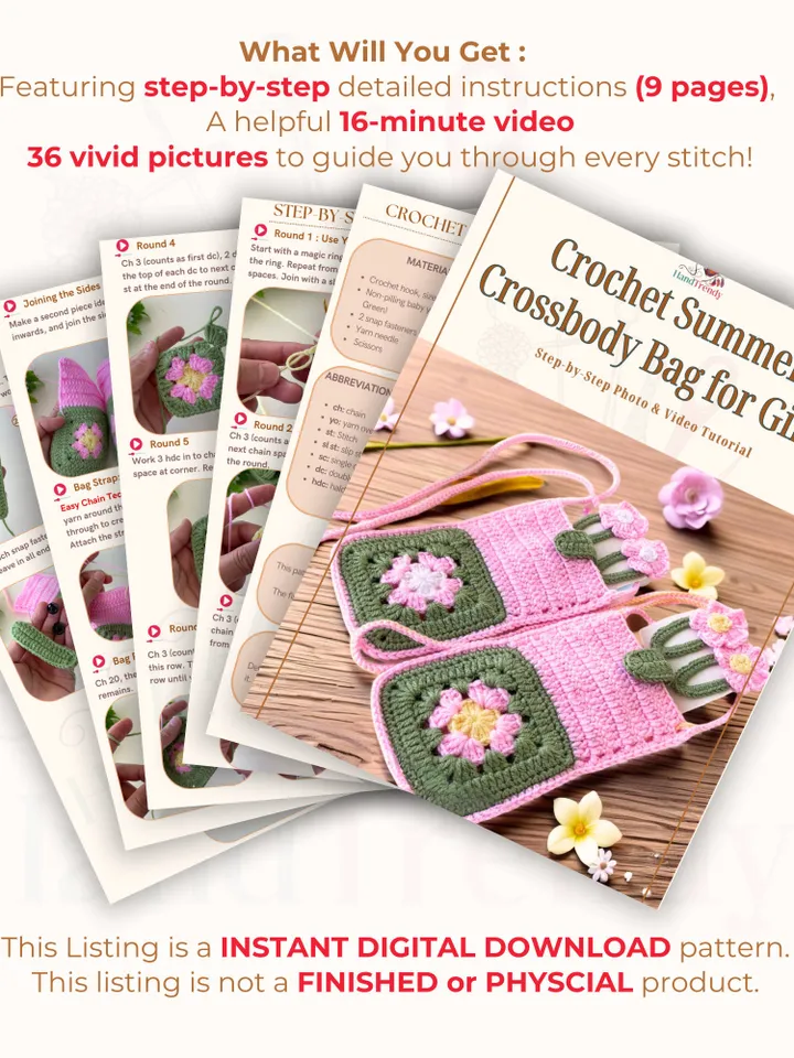 Granny Square Flower Crochet Phone Bag PDF Pattern – Cute Pink Green Crossbody Pouch Tutorial – DIY Floral Mobile Purse Pattern