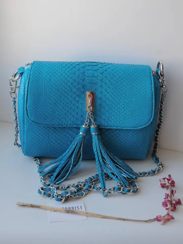 Genuine python skin crossbody turquise tassel womens bag / exotic leather bags / designer leather handmade purse / chain shoulder bag