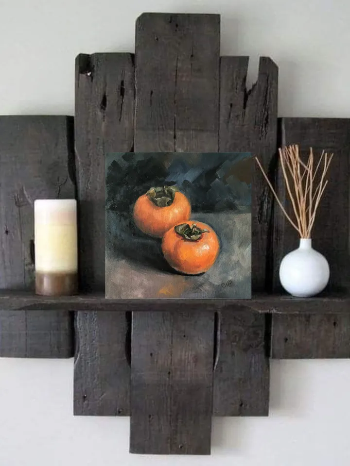 Fruit Still Life Original Oil Painting Persimmon Painting Kitchen Wall Art Fruit Small Oil Painting