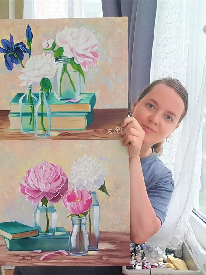 Books Painting Peony Original Art Flowers in Vase Still Life Art Oil Painting