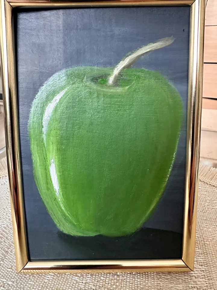 Oil Painting Green Apple Still Life Fruit Food Nature Cardboard 15x10 cm 6x4 inch Wall Decor In a gold frame