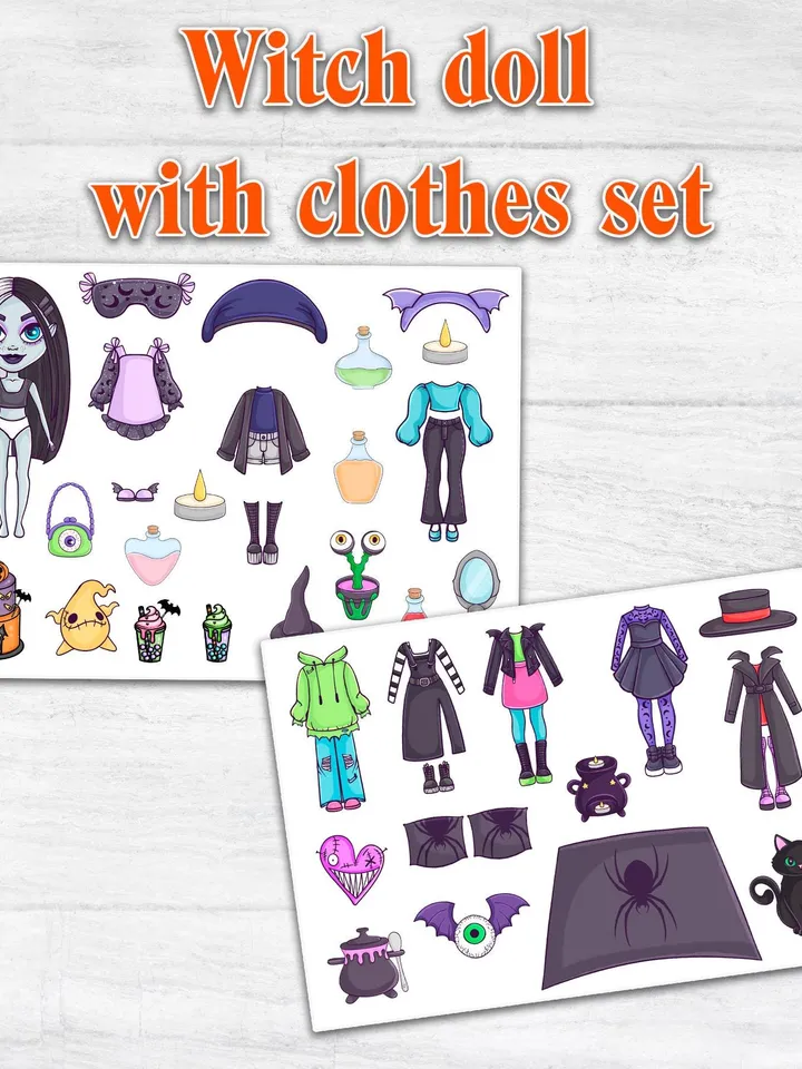Printable Witch Paper doll house ,Halloween printable doll with a set clothes, Blythe paper doll dress up, Busy book printable crafts kids
