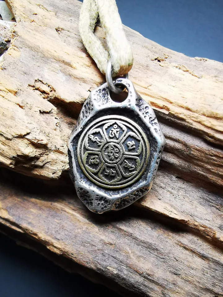 Gandhanra Handmade Tibetan Buddhist Protective Pendant,Om Mani Padme Hum Mantra Amulet,Sterling Silver Gilt