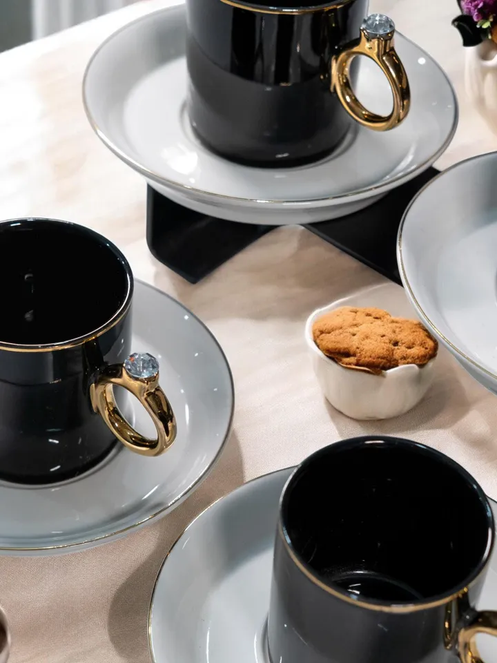 Black And Gold Luxury 12 Pieces Tea Cups And Saucers | Black and Gold Tea Cups | Elegant 12-Pieces Tea Cups