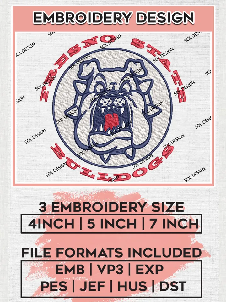 NCAA Fresno State Bulldogs Football Team Round Logo Embroidery Design Files, NCAA Fresno State Bulldogs Machine Embroidery, NCAA Teams, 3 sizes, NCAA Machine embroidery designs, Digital Download
