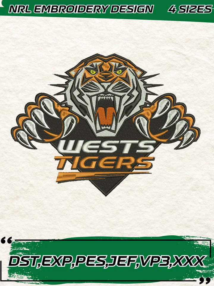 Wests Tigers Logo Embroidery Design,NRL Machine Embroidery Digitized Pes File,4 Sizes, Instant Download