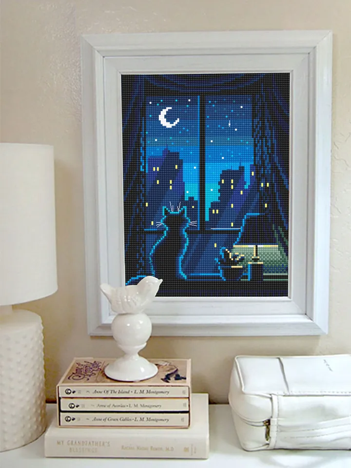 Silhouette cat cross stitch pattern PDF download Cute kitten cross stitch chart, Window with night cityscape pattern, Moon cross stitch #K14