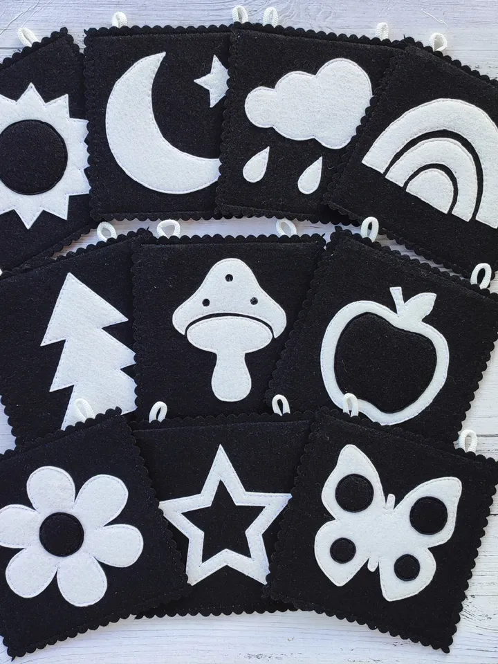 High Contrast quiet book pattern , Infant Stimulation Contrasting Pattern, Black and white felt cards for baby svg, Montessori newborn pdf