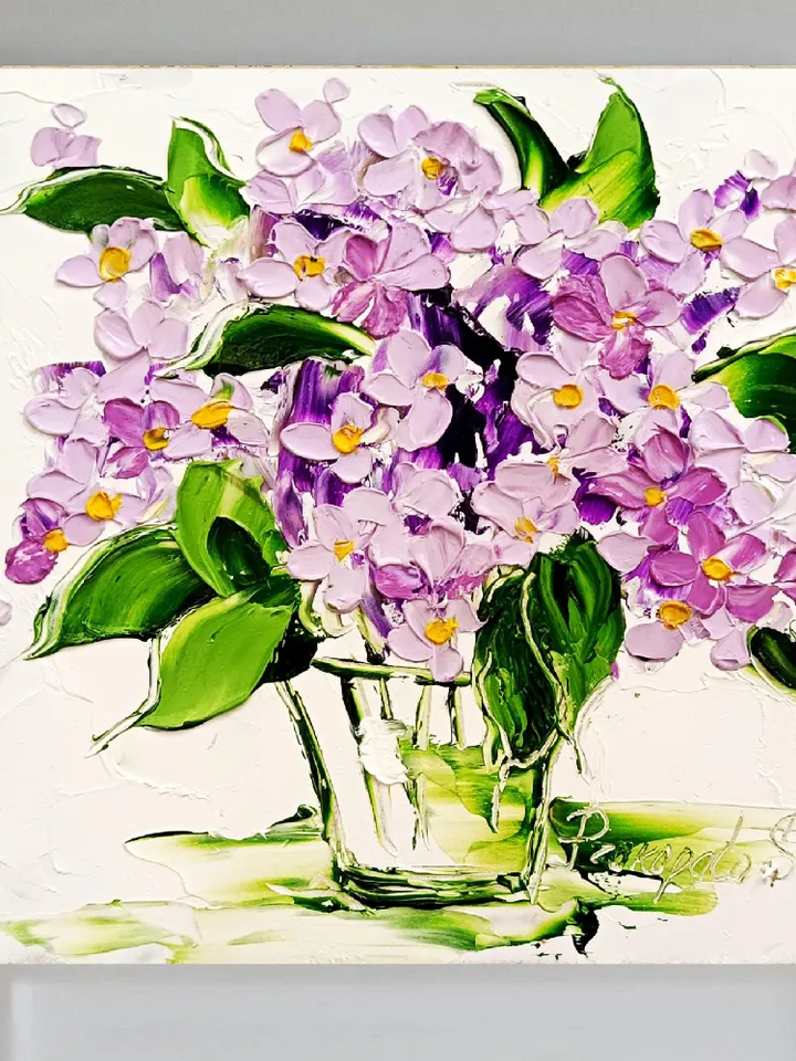 Lilac Painting Flower Original Art Impasto Oil Painting Christmas Gifts Art Lilac Flowers Painting 6 x 6 by ArtProkopaloSv
