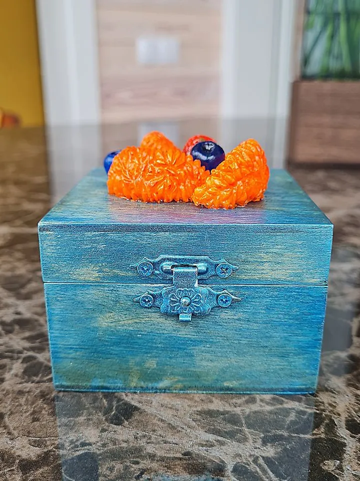 Handmade jewelry box Blue ring box One of a kind Fruits decor on lid Velvet roll