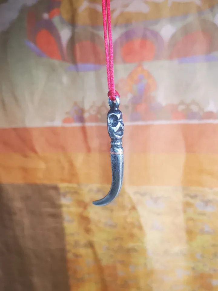 Gandhanra Handmade Tibetan Amulet ,Skull Wolf Tooth Pendant with Leather Cord,Made of Cold Iron inlaid Copper,2.16"