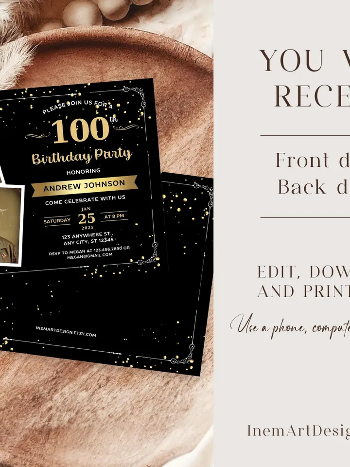 100th Birthday invitation with Photo | Adult Birthday Photo Invite | Mens birthday Black Gold landscape invitation card | Canva template