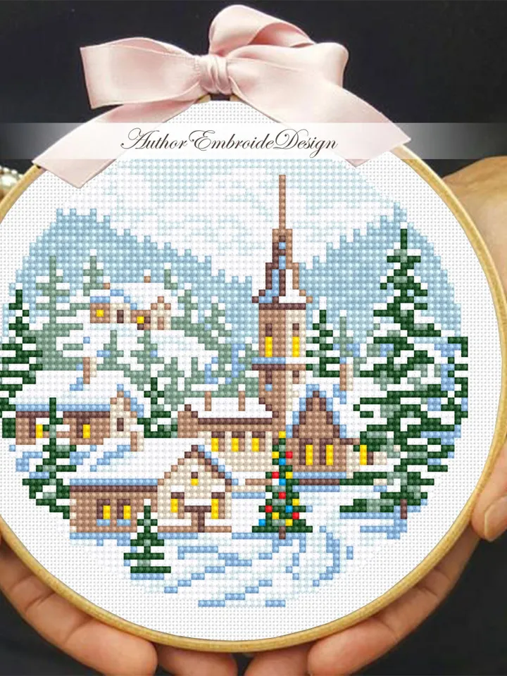 Christmas village cross stitch pattern PDF download Winter landscape cross stitch, Christmas pattern digital PDF, Small snow landscape #N170