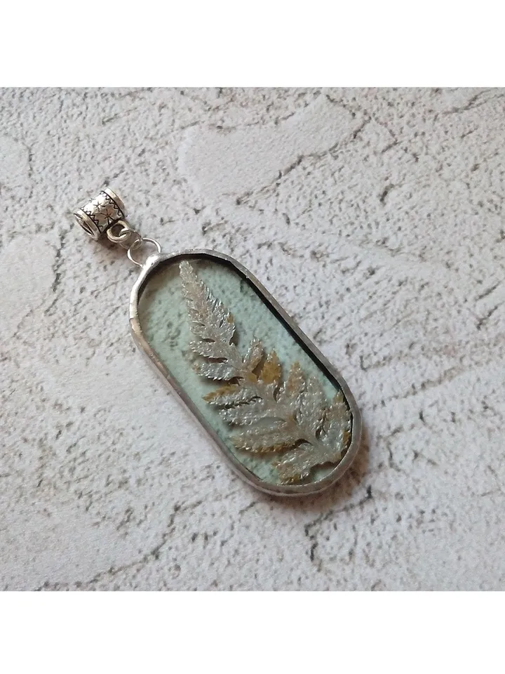 Valentine necklace, Stained glass necklace, pressed fern, Dry fern necklace, Terrarium pendaant