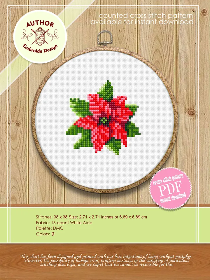 Small Christmas poinsettia cross stitch pattern download PDF Mini cross stitch chart, Christmas pattern digital PDF, Poinsettia xstitch #N5