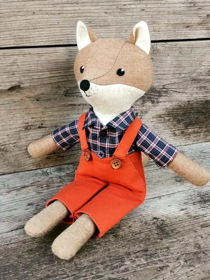 Beige coyote boy, stuffed wool coyote doll, textile plush soft toy