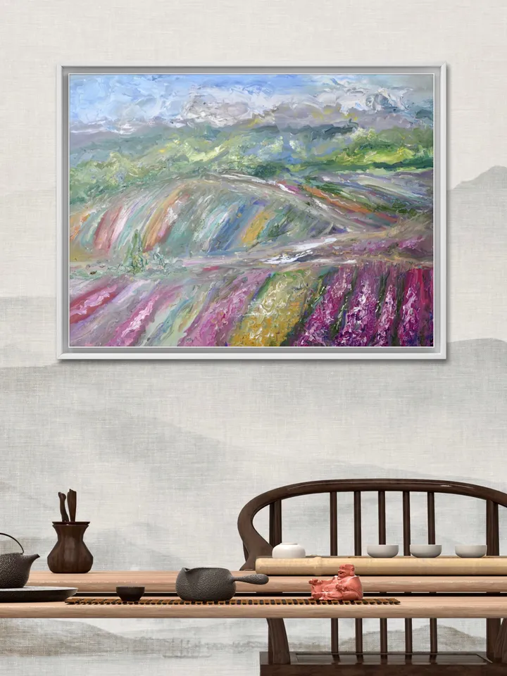 Japanese fields large canvas ,original oil landscape painting,,meadows,mountains,coloured fields painting,50/70 sm canvas wall art.