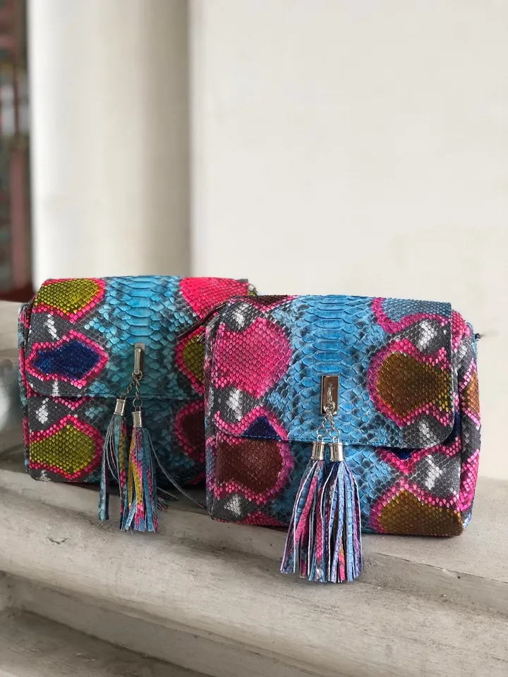 Genuine python skin crossbody multicolor turquise tassel women bag | summer colorful leather bag | python purse | gift for her | blue clutch